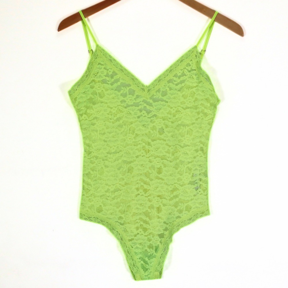 Anthropologie Bodysuit Womens Small Neon Lime Green Floral Lace V-Neck Layering